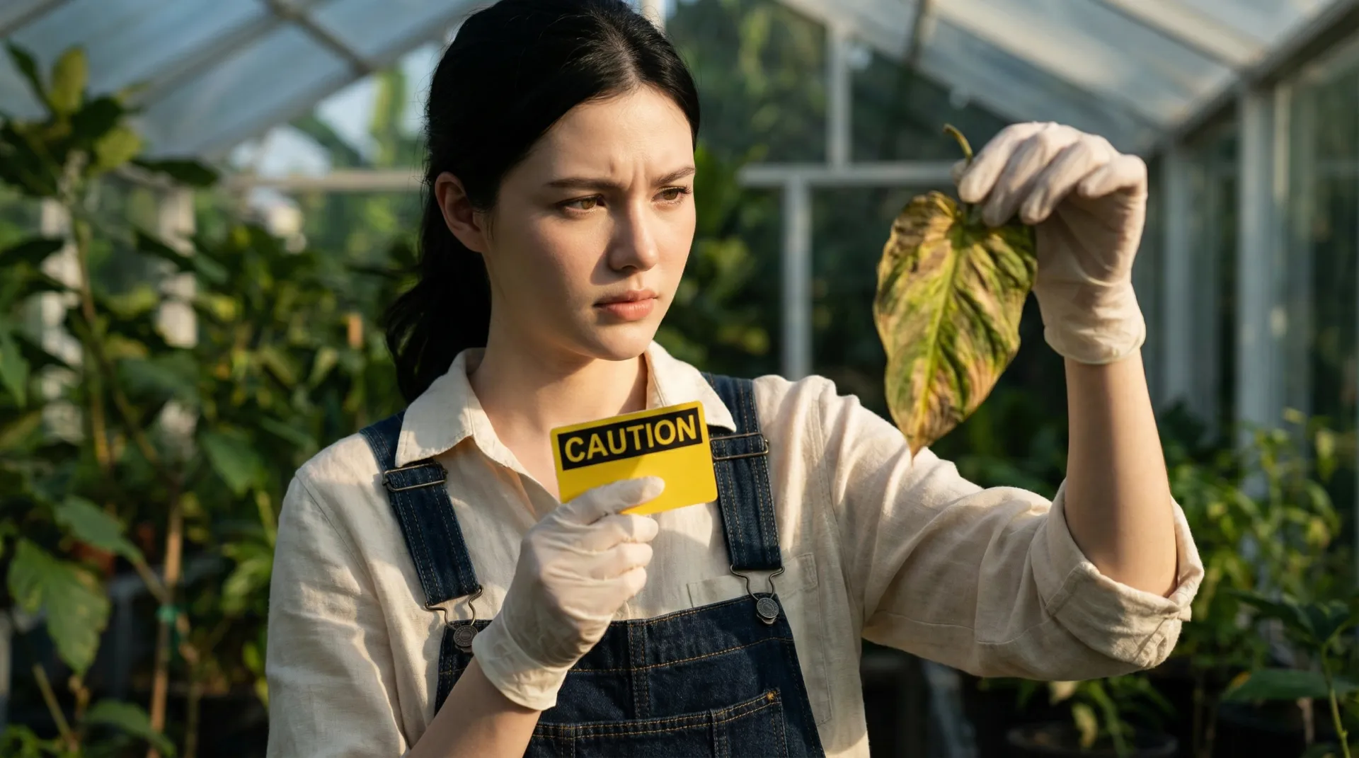 The uploaded reference character sheet shall be used for creating a person or character in this image., Modern Agricultural Influencer, with reference the Uploaded reference image Character Sheet preserving facial fidelity, 22 year old Bangkokian, light natural makeup, confident and warm expression, stylish outdoor gardening attire or smart-casual farmwear (earth tones, denim, or linen), looking slightly serious or cautious holding a 'Caution' sign or examining a wilted leaf (metaphor for mistake), representing care and precision, moody but clear lighting, aspect ratio 21:9