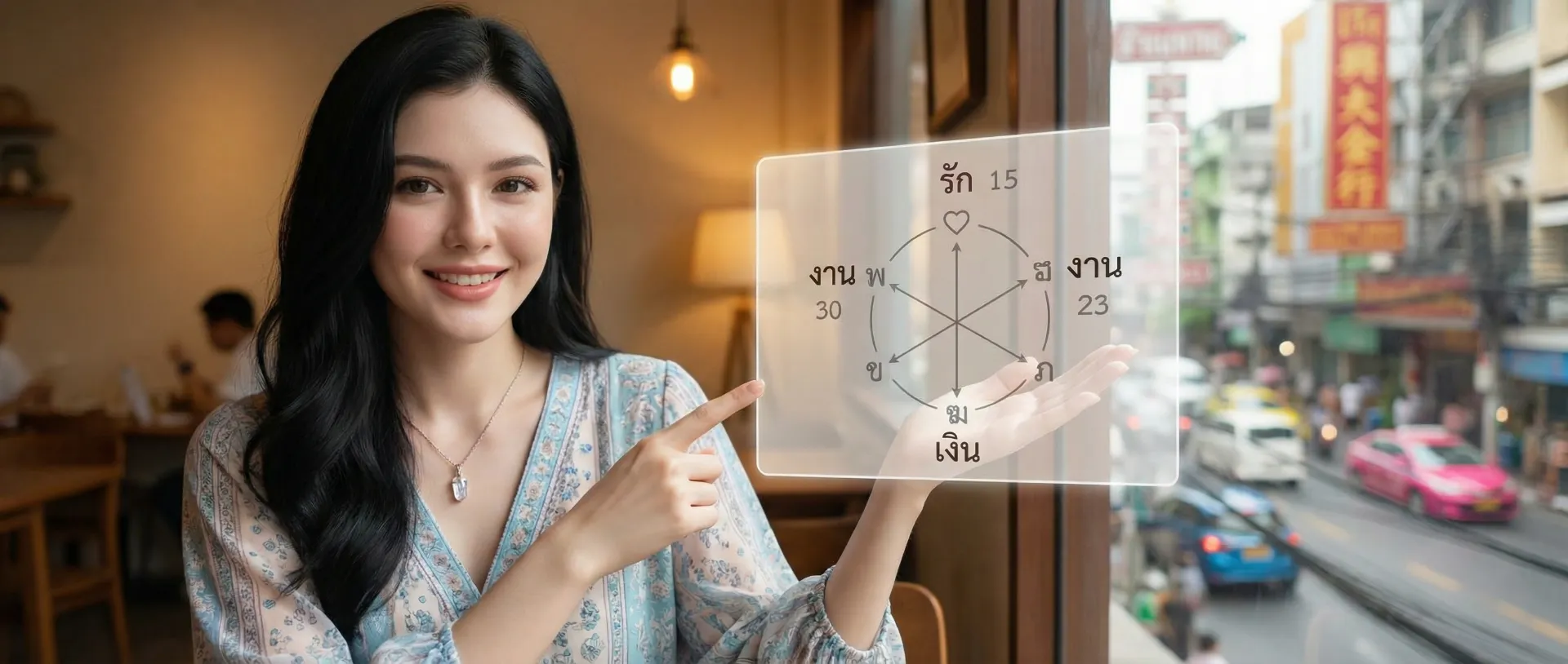 The uploaded reference character sheet shall be used for creating a person or character in this image. Modern Gen-Z Astrologer/Fortune Teller, with reference the Uploaded reference image Character Sheet preserving facial fidelity, 22 year old Bangkokian, light natural makeup, confident and warm expression, stylish boho-chic or smart-casual mystic attire (pastels, white, or celestial patterns), wearing a small crystal pendant, standing next to a floating or drawn diagram showing the balance of Love/Work/Money related to Thai Mobile Numerology, explaining gesture, confident and insightful mood, aspect ratio 21:9