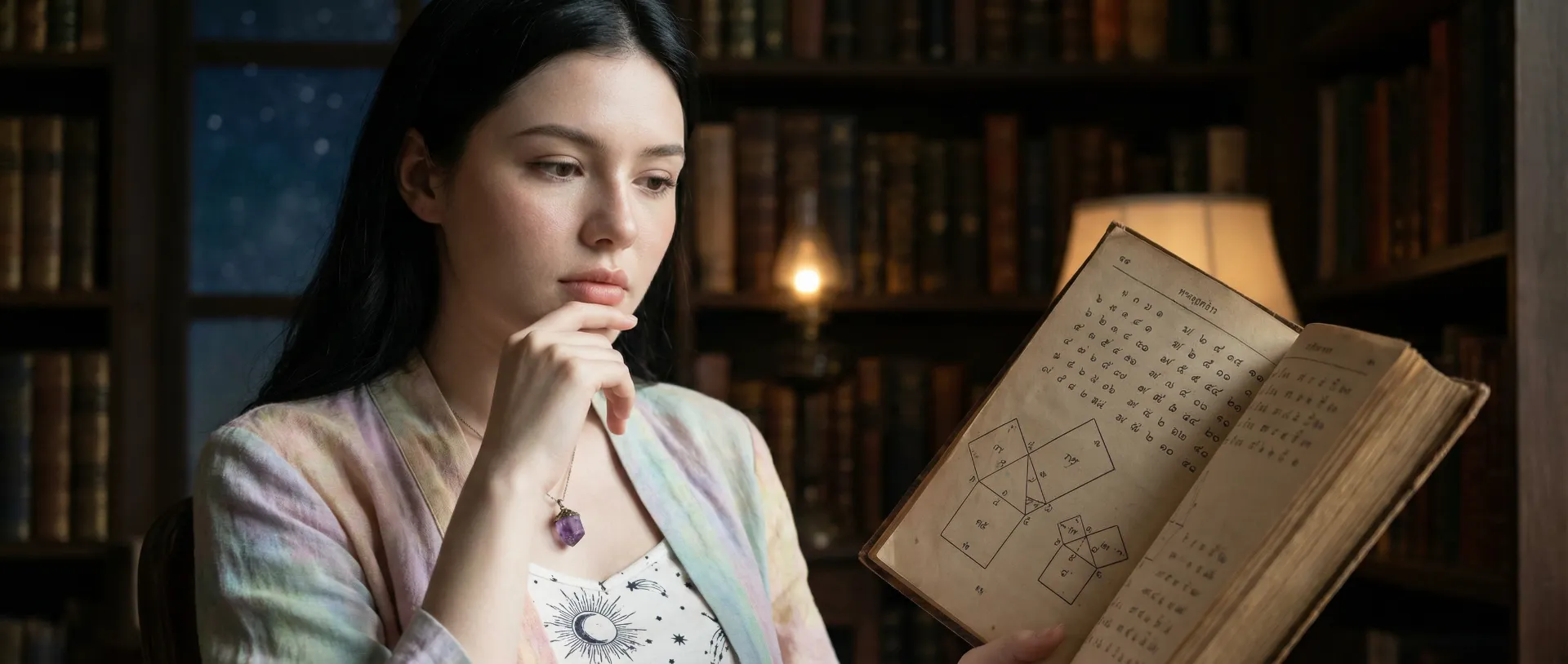 The uploaded reference character sheet shall be used for creating a person or character in this image. Modern Gen-Z Astrologer/Fortune Teller, with reference the Uploaded reference image Character Sheet preserving facial fidelity, 22 year old Bangkokian, light natural makeup, confident and warm expression, stylish boho-chic or smart-casual mystic attire (pastels, white, or celestial patterns), wearing a small crystal pendant, studying an ancient book comparing Thai numerals with geometric Pythagorean charts related to Thai Mobile Numerology, thoughtful and deep expression, library or starry background, aspect ratio 21:9