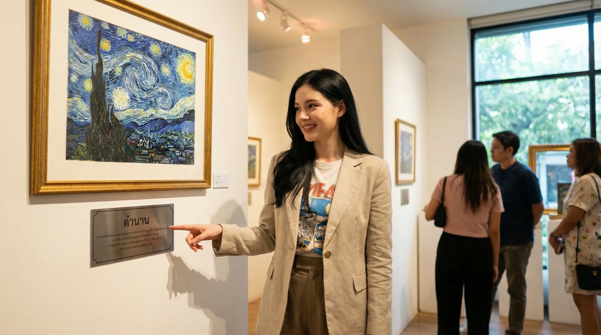 The uploaded reference character sheet shall be used for creating a person or character in this image, Modern Gen-Y Cultural Storyteller & Curator, with reference the Uploaded reference image Character Sheet preserving facial fidelity, 22 year old Bangkokian, standing next to a museum display or framed picture related to Van Gogh, pointing to a plaque that has the Thai word 'ตำนาน' (Legend) written on it, confident and educational expression, gallery setting, aspect ratio 21:9