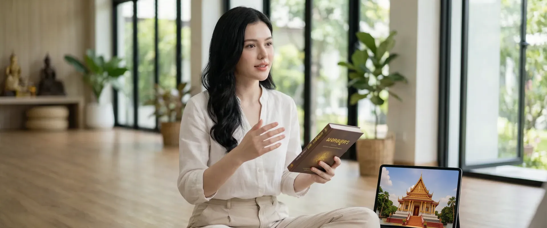 The uploaded reference character sheet shall be used for creating a person or character in this image., Dharma lifestyle blogger, with reference the Uploaded reference image Character Sheet preserving facial fidelity, 25-35 year old Bangkokian, modest and polite attire (white or earth tones), serene and kind expression, neat styling, engaging in a learning activity or explaining Mangala Sutta principles with hand gestures, in a bright modern meditation space, clear focus on wisdom, knowledgeable mood, aspect ratio 21:9