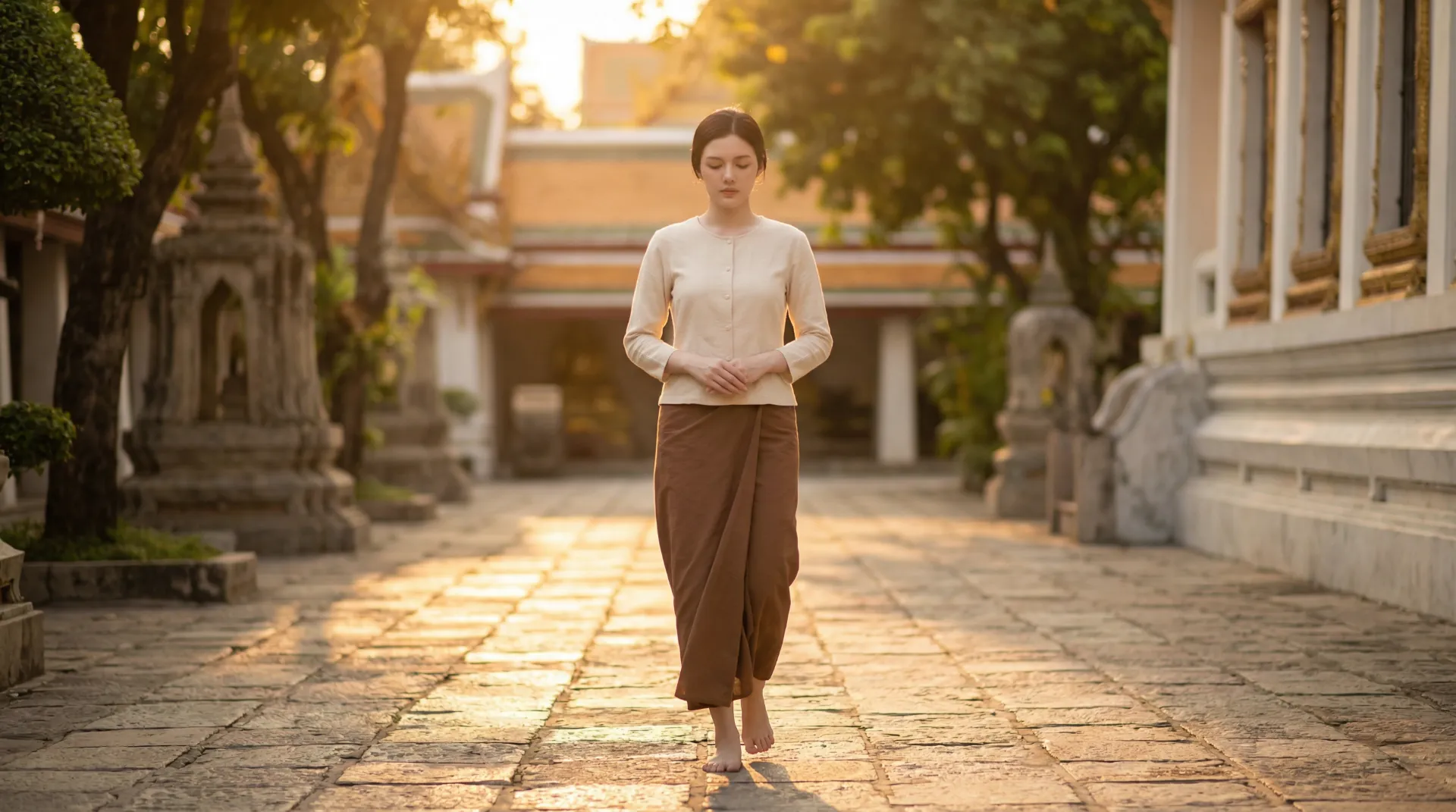 The uploaded reference character sheet shall be used for creating a person or character in this image., Dharma lifestyle blogger, with reference the Uploaded reference image Character Sheet preserving facial fidelity, 25-35 year old Bangkokian, modest and polite attire (white or earth tones), serene and kind expression, neat styling, practicing walking meditation or performing a mindful act related to choosing good company, full-body shot, in a peaceful garden or urban park, focused and serene mood, golden hour lighting, aspect ratio 21:9