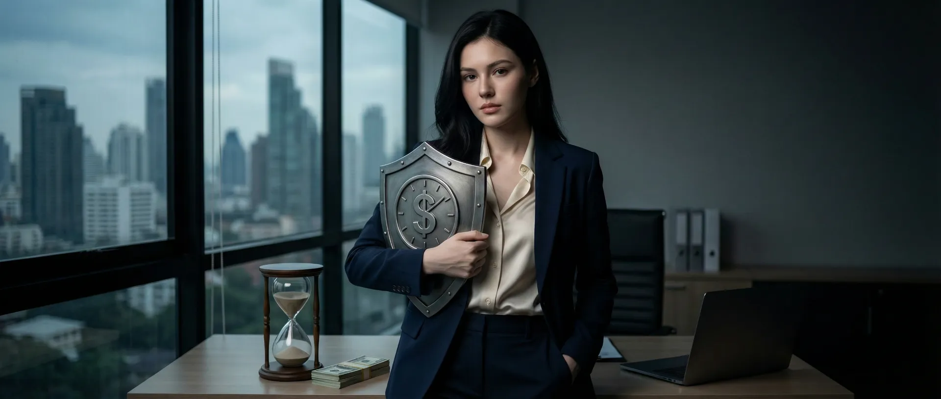 The uploaded reference character sheet shall be used for creating a person or character in this image., Financial influencer, with reference the Uploaded reference image Character Sheet preserving facial fidelity, 22 year old Bangkokian, natural makeup, confident and smart expression, smart-casual business styling, looking slightly serious or cautious while holding a shield or protective gesture near Time Value symbol, representing risk management, moody but clear lighting, aspect ratio 21:9