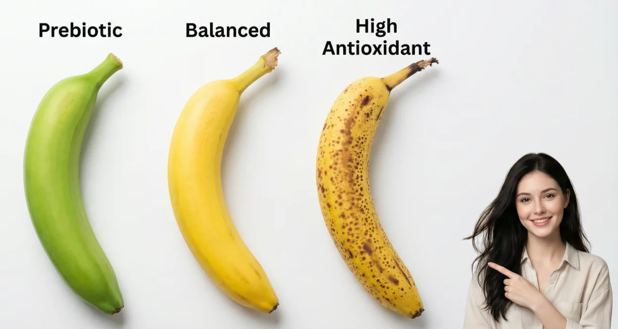 Realistic photography of three bananas side by side showing ripeness stages: 1. Green, 2. Yellow, 3. Yellow with brown spots. Labels Prebiotic, Balanced, and High Antioxidant are neatly written above each. Featuring the reference character from the uploaded image: Position the character in the bottom right corner, standing and pointing toward the bananas with a friendly expression, acting as the presenter of this guide. Clean white background.