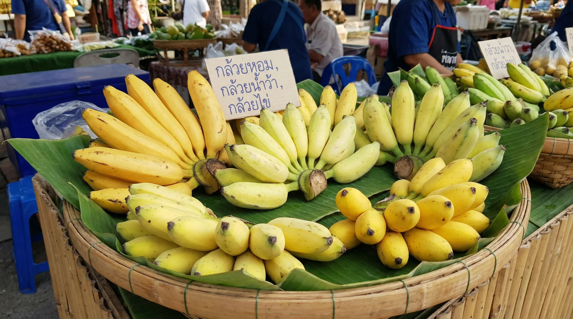 A beautiful display of Thai banana varieties (Hom, Namwa, Khai) arranged on a traditional woven tray or banana leaf. Context: Cultural, distinct visual differences between the types.