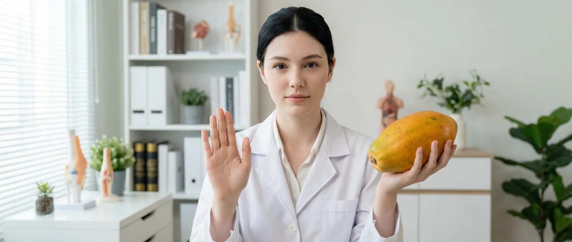 The uploaded reference character sheet shall be used for creating a person or character in this image. Young nutritionist, with reference the Uploaded reference image Character Sheet preserving facial fidelity, 22 year old, wearing a white lab coat, minimal makeup, friendly expression, hair tied back, making a gentle 'stop' or 'caution' hand gesture, holding a Papaya in the other hand, serious but friendly expression, soft lighting