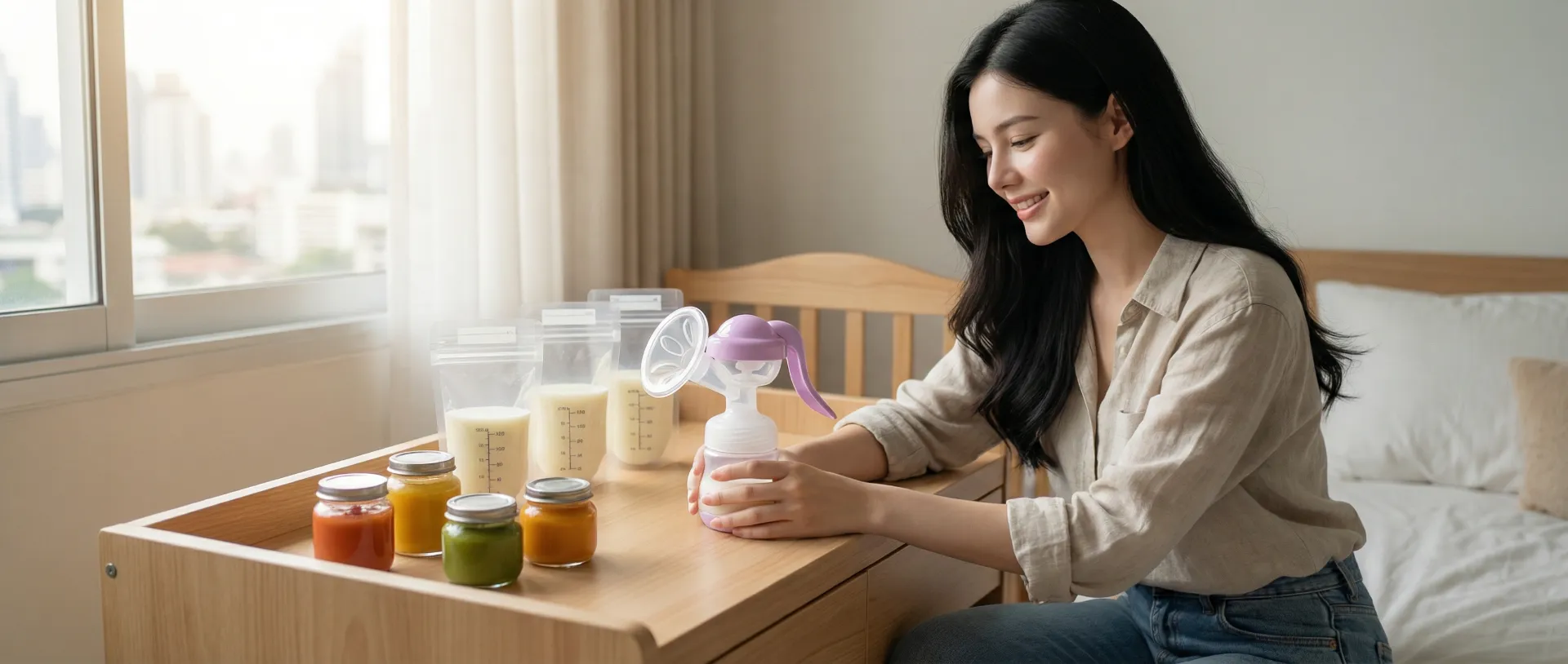 The uploaded reference character sheet shall be used for creating a person or character in this image, Modern Gen-Y Mom & Child Specialist, with reference the Uploaded reference image Character Sheet preserving facial fidelity, 30 year old Bangkokian, arranging baby items (breast pump, milk storage bags, healthy food) or demonstrating a care technique related to Breastfeeding routine, peaceful and positive expression, changing table or play mat setting, aspect ratio 21:9