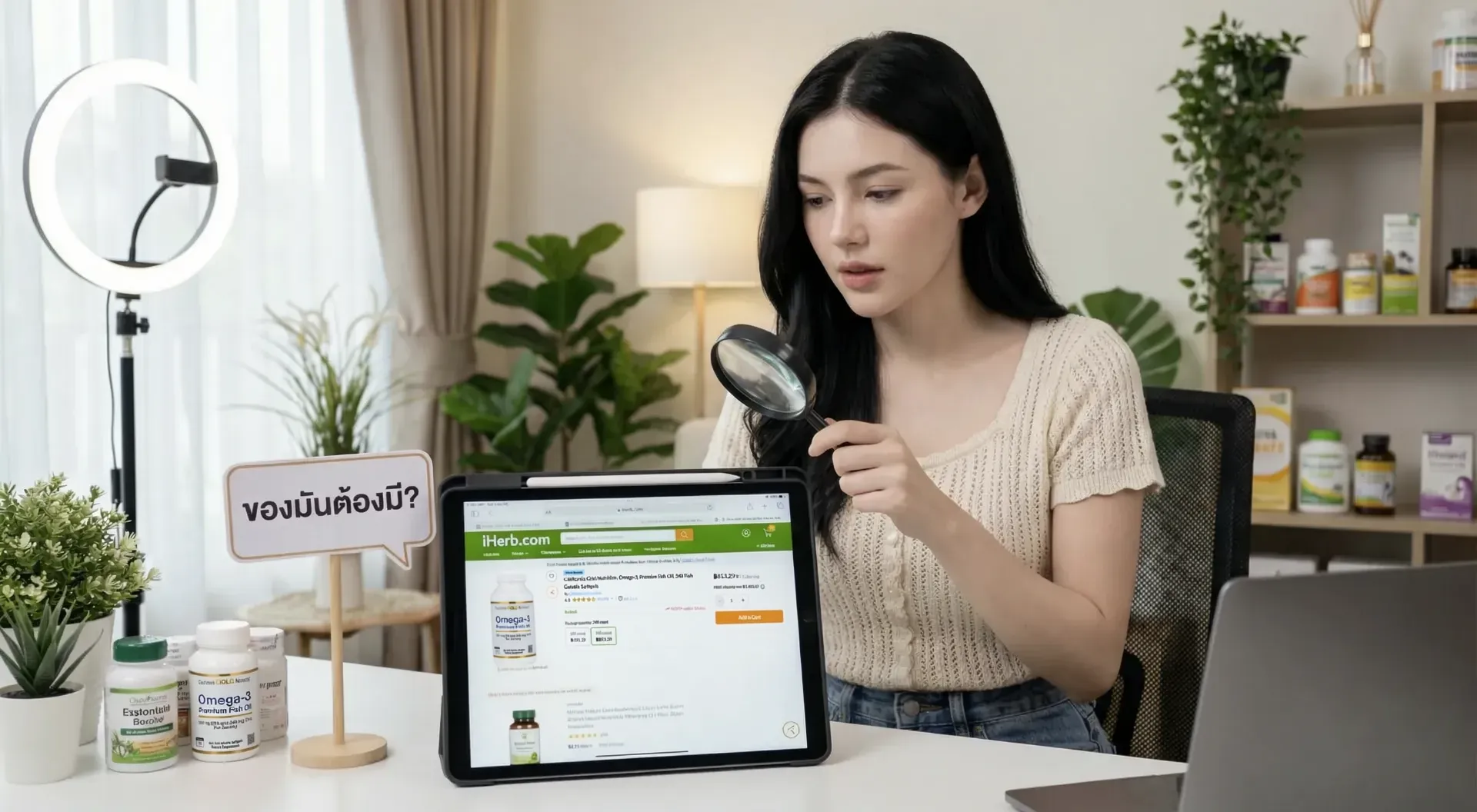 The uploaded reference character sheet shall be used for creating a person or character in this image, Modern Gen-Z Lifestyle Reviewer & Smart Shopper, with reference the Uploaded reference image Character Sheet preserving facial fidelity, 22 year old Bangkokian, looking curious holding a magnifying glass pointing to a tablet screen displaying the iHerb product page, with a prop sign saying 'ของมันต้องมี?' (Must Have?) in Thai, home studio background, aspect ratio 21:9