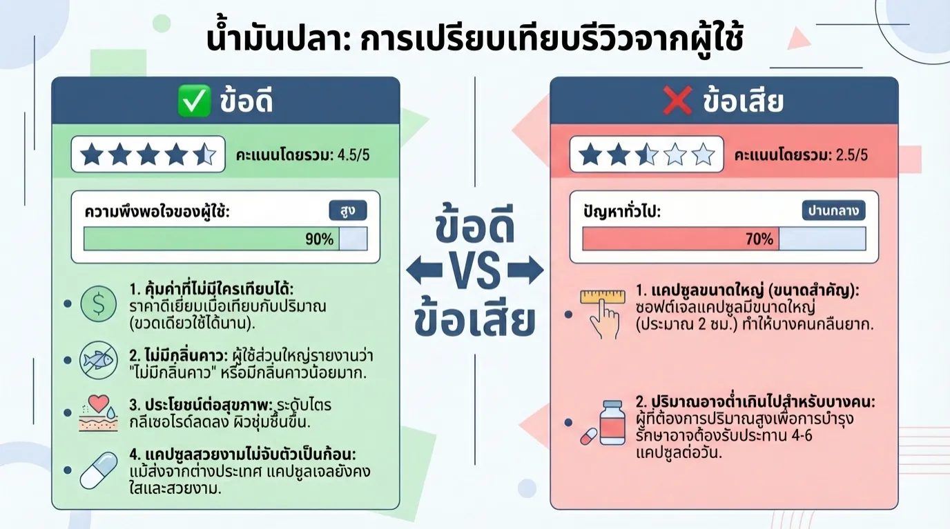 High-quality flat vector infographic, clean review comparison style, rating stars, pros/cons layout, bar charts, pastel and trust-blue color palette, a 'Pros vs Cons' comparison chart, left side Green (Pros) right side Red (Cons), listing key points from user reviews for Fish Oil, aspect ratio 21:9