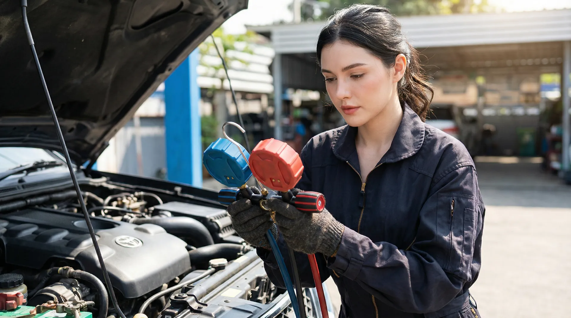A technician with reference the Uploaded reference image Character Sheet preserving facial fidelity, 22 year old, natural makeup, confident expression, performing car air conditioning check as per the other attached image that of car ac gauges to check pressure of car AC system