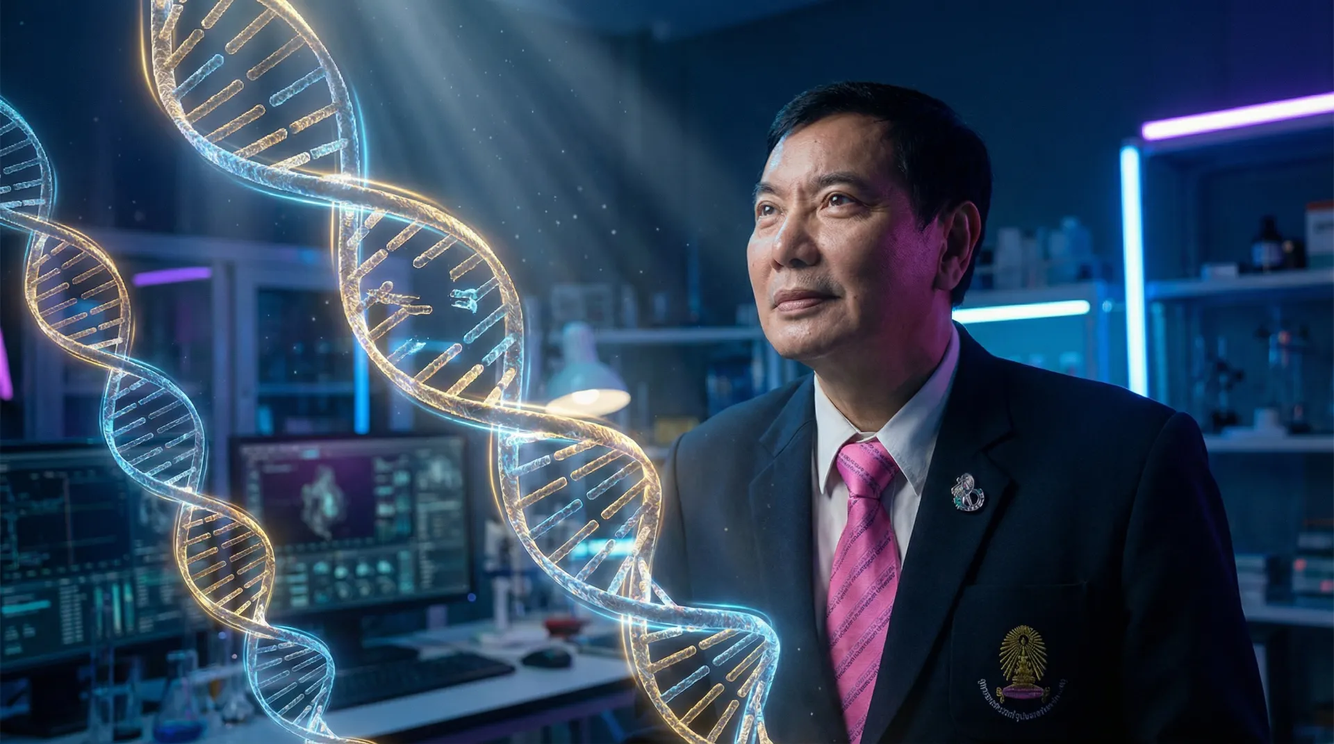 a professor at Chula University, visualizing a breakthrough in DNA Gap repair. The character is surrounded by floating, holographic 3D double-helix DNA strands that are glowing gold and blue, showing cells rejuvenating and repairing. The professor looks at the holograms with a focus and confident expression. High-tech laboratory background, darker lighting with neon accents, cyberpunk science aesthetic, highly detailed, volumeric lighting